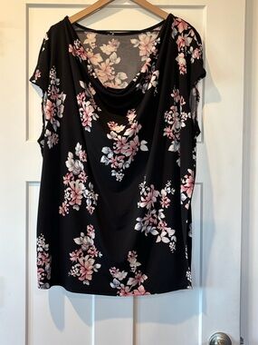 Lane Bryant Women’s Plus Black Floral Cowl Neck Blouse Top Office Work 26/28